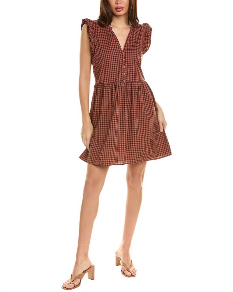 Front of a model wearing a size L Tegan Ruffled Mini Dress In Tajin Check in Tajin Check by Nation LTD. | dia_product_style_image_id:346441